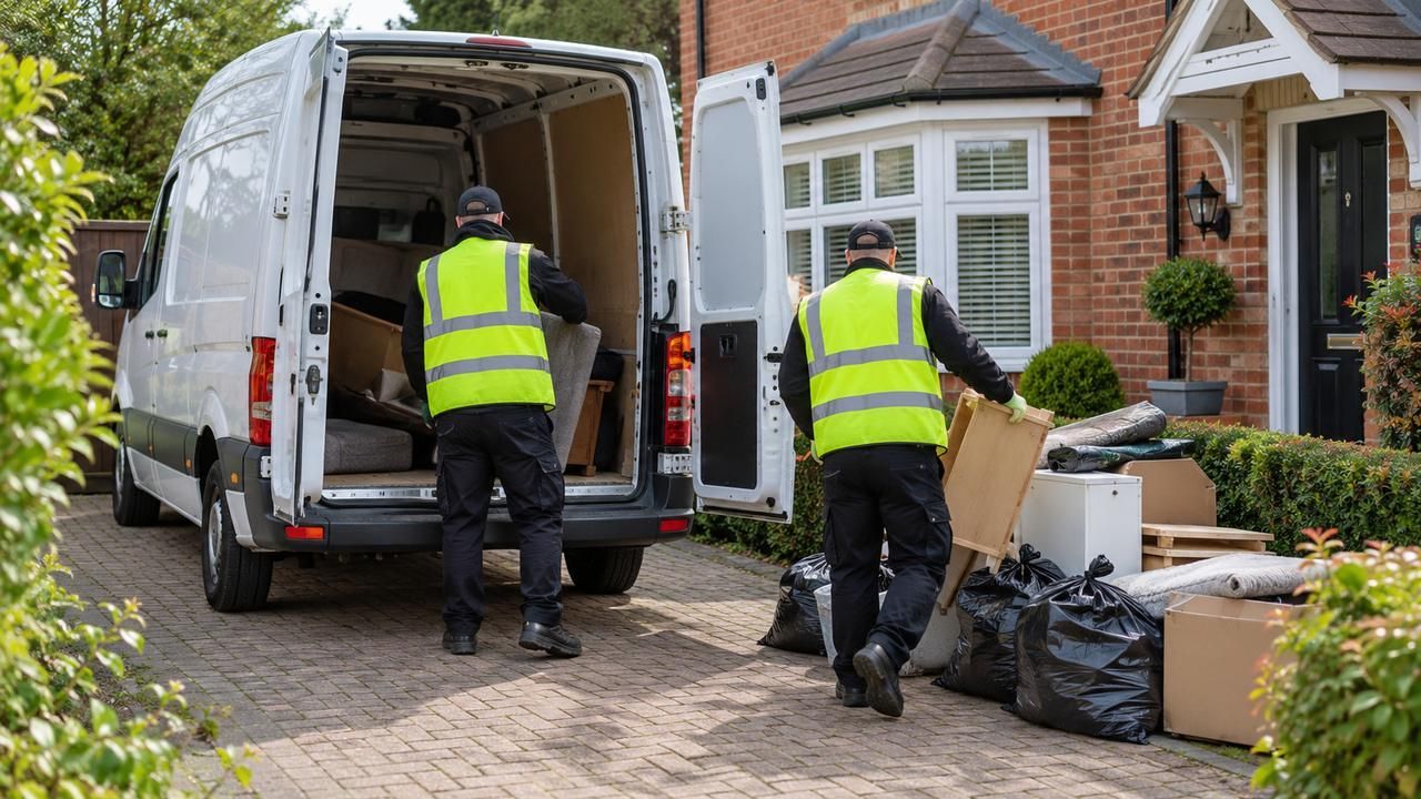 Two workers loading bags and boxes into a van on a driveway