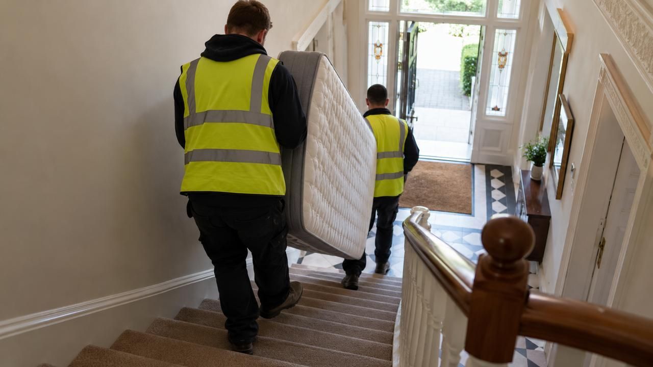 Two workers carrying a mattress down a staircase