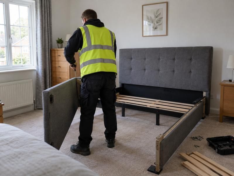 Worker taking apart a bed frame in a bedroom