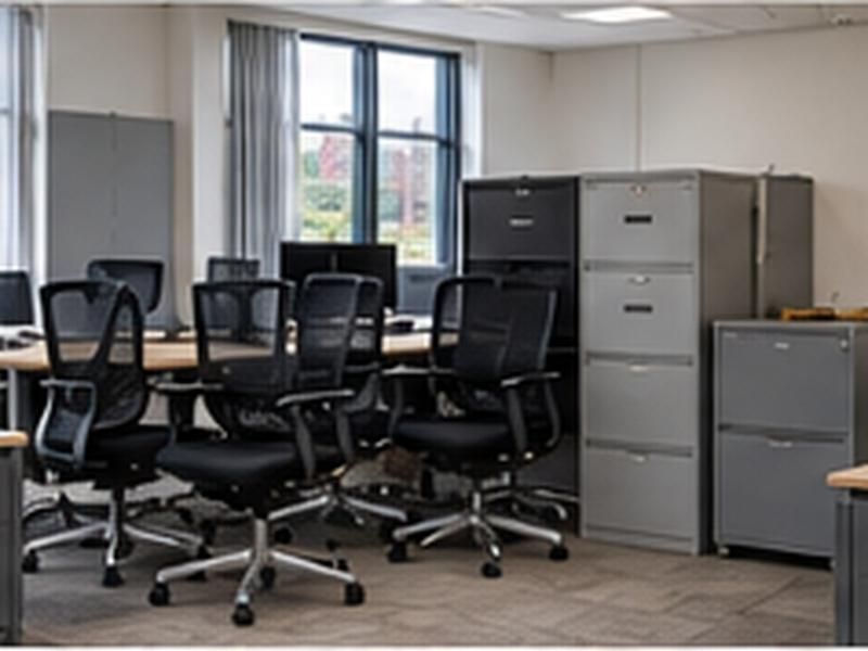 Office chairs and filing cabinets gathered for removal