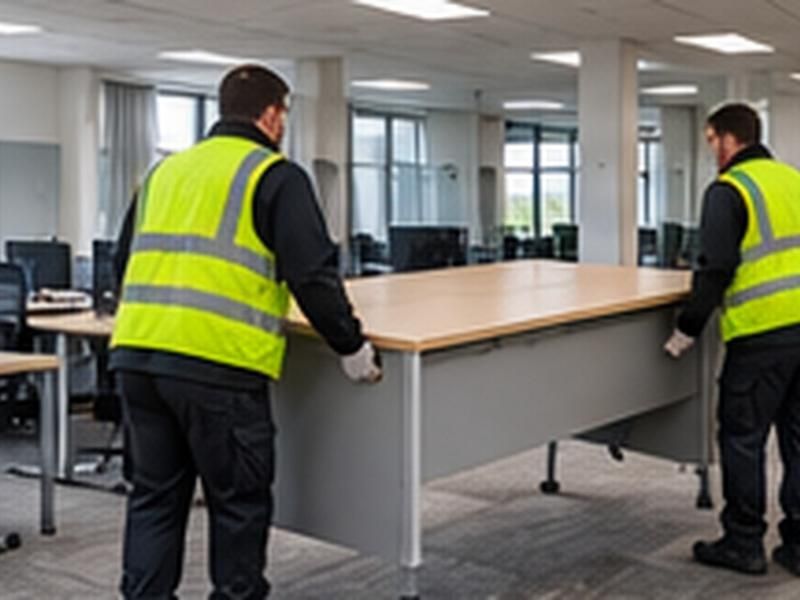 Two workers moving a large desk in an office