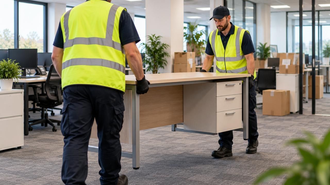 Two workers carrying a desk out of an open-plan office