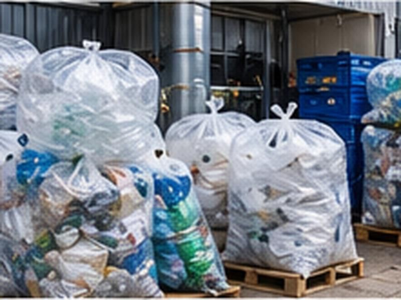 Clear bags of plastic bottles and packaging stacked on a pallet