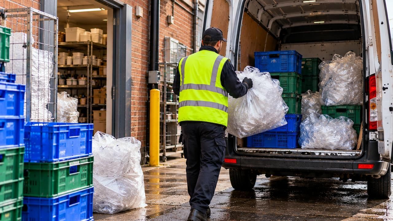Worker loading plastic crates and bags of plastic into a van