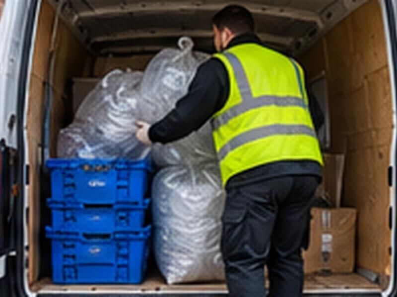 Worker loading bagged plastic and crates into a van