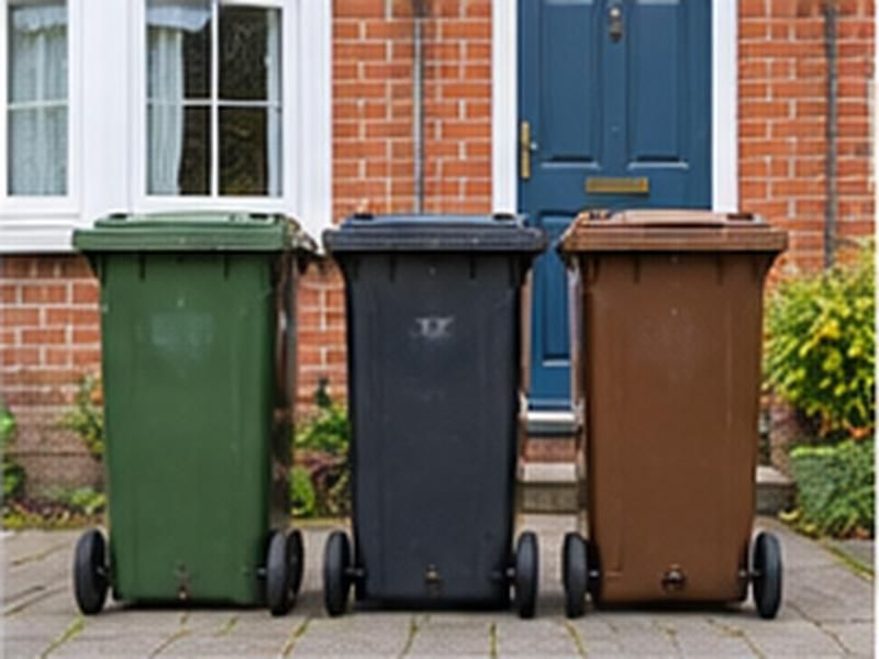 Three household wheelie bins outside a front door