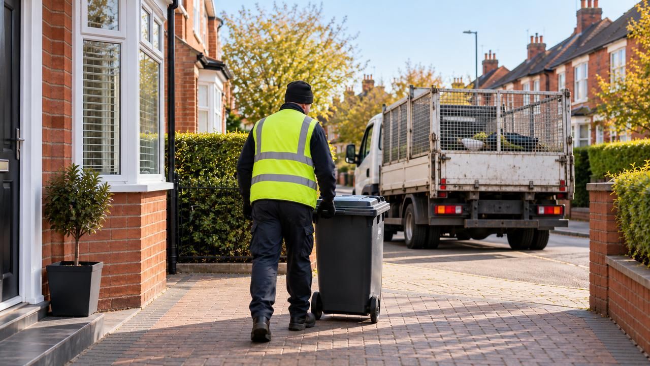 Worker wheeling a household bin to a collection truck
