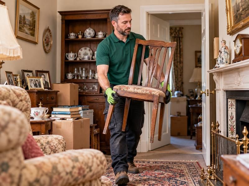 Worker carefully carrying a dining chair out of a furnished living room