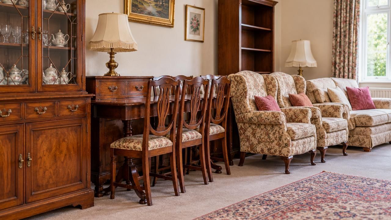 Furnished living room with dresser, dining table and armchairs before a probate clearance