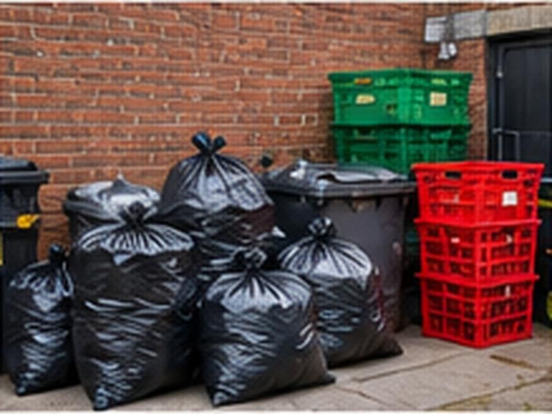 Black bags and crates stacked behind a restaurant