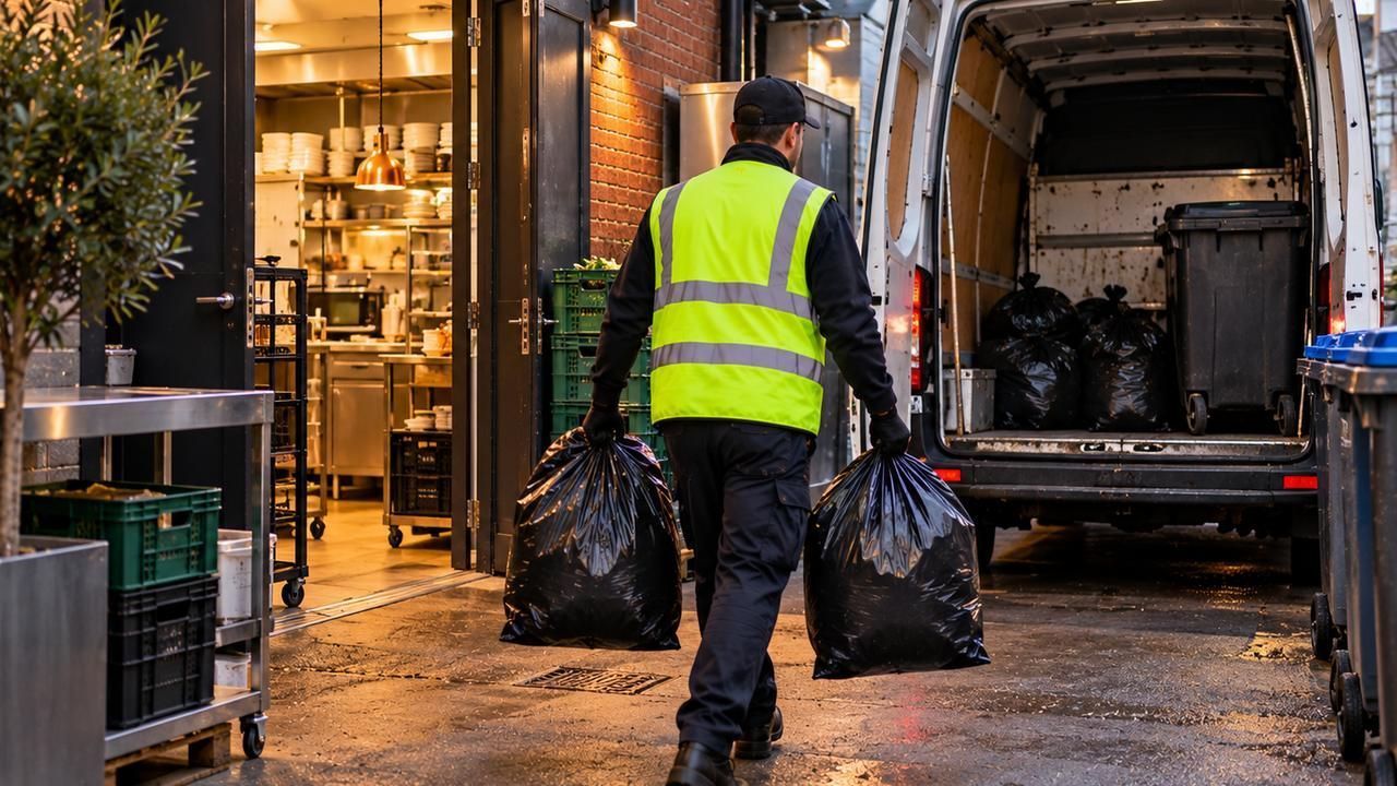 Worker carrying waste bags from a restaurant kitchen door to a van