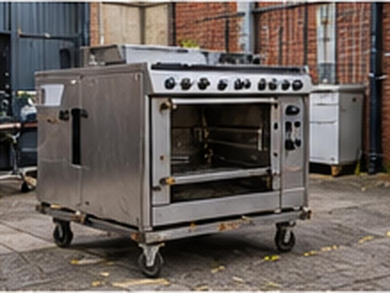 Old stainless steel commercial oven in a yard ready for removal