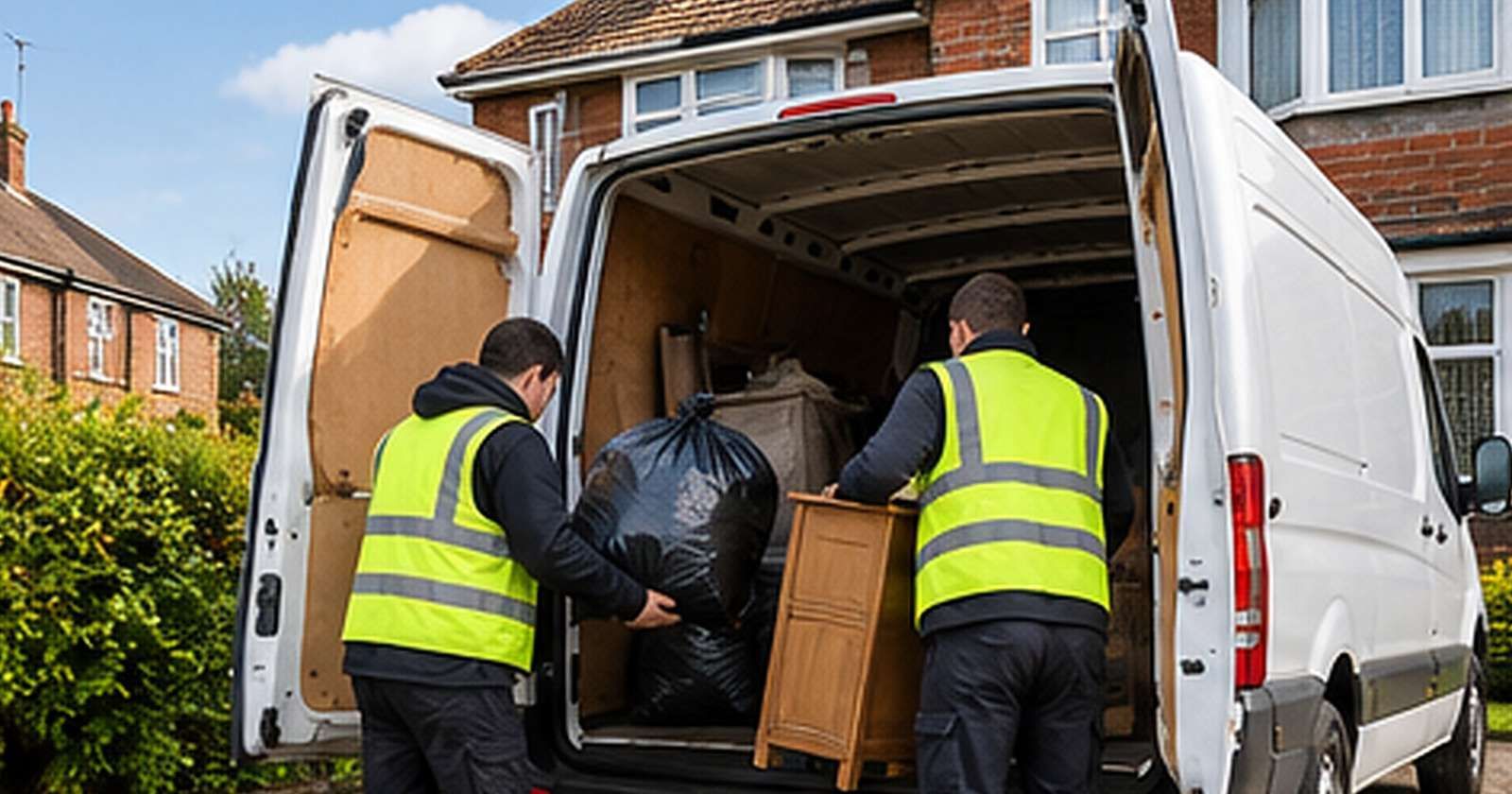 Two workers in hi-vis loading rubbish into a van outside a house
