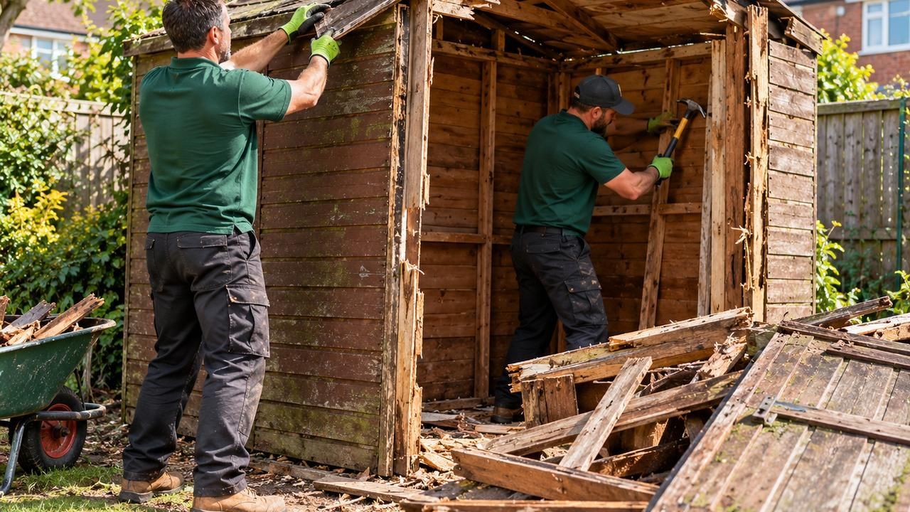 Two workers taking down an old timber shed in a back garden