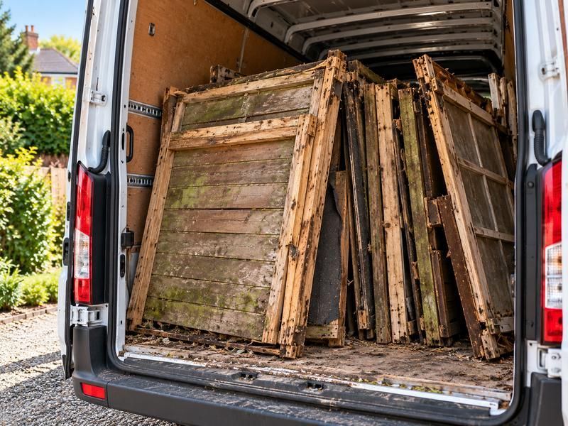Dismantled shed panels loaded in the back of a van