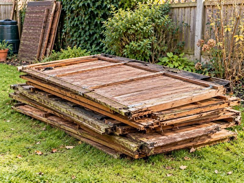 Old shed panels stacked on a lawn after dismantling