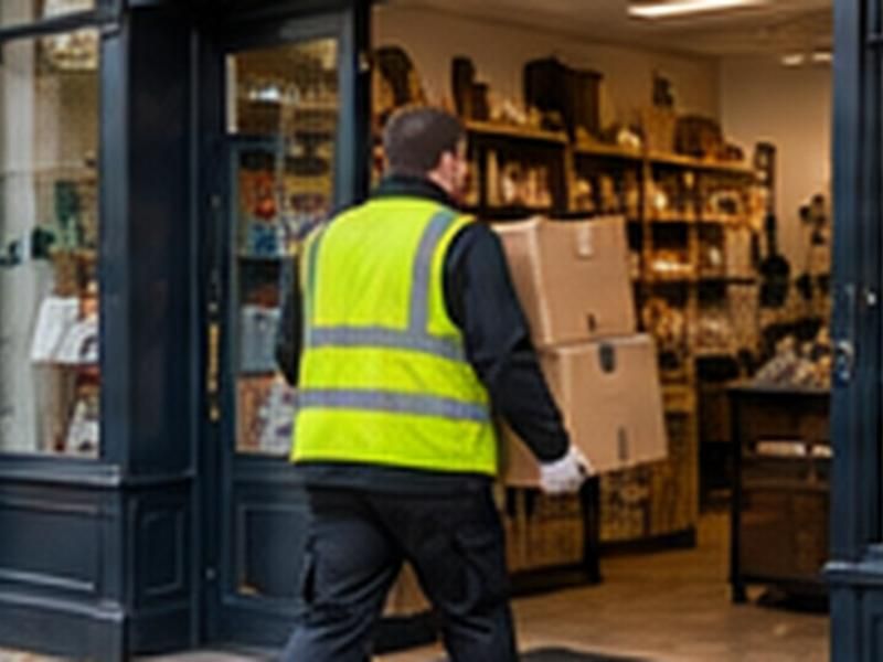 Worker carrying boxes out through a shop doorway