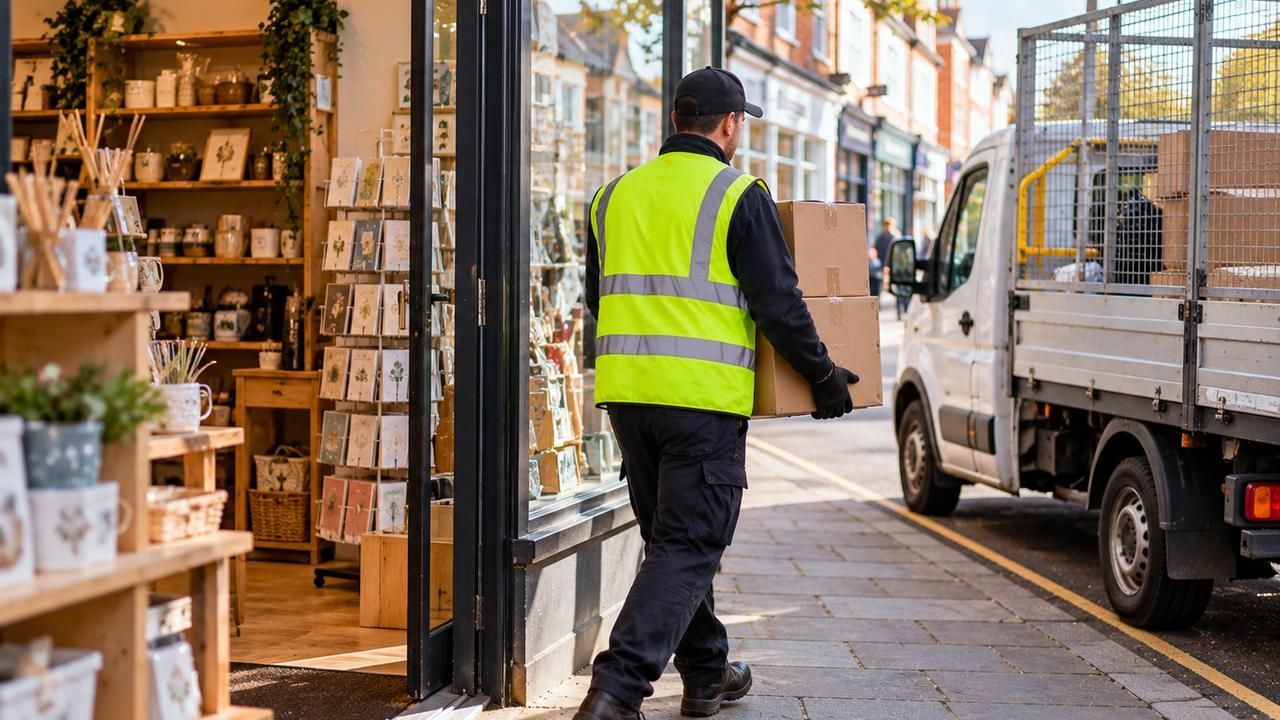 Worker leaving a shop towards a truck parked outside