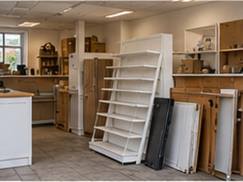Old shelving and shop fittings stacked in an empty unit
