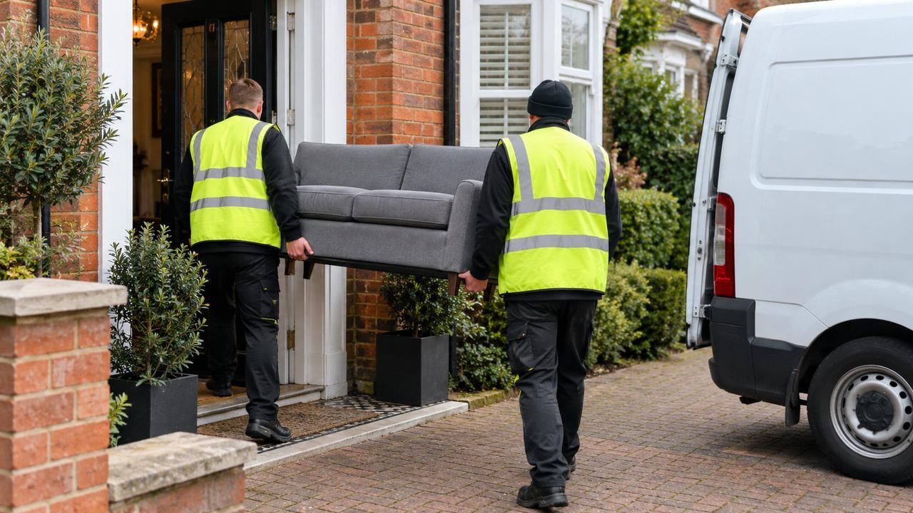 Two workers carrying a grey sofa out through a front door