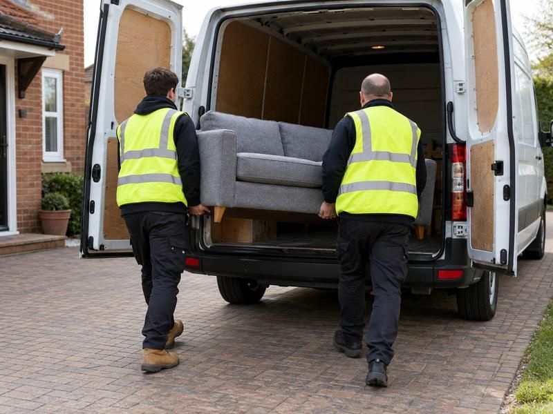 Two workers lifting a sofa into the back of a van