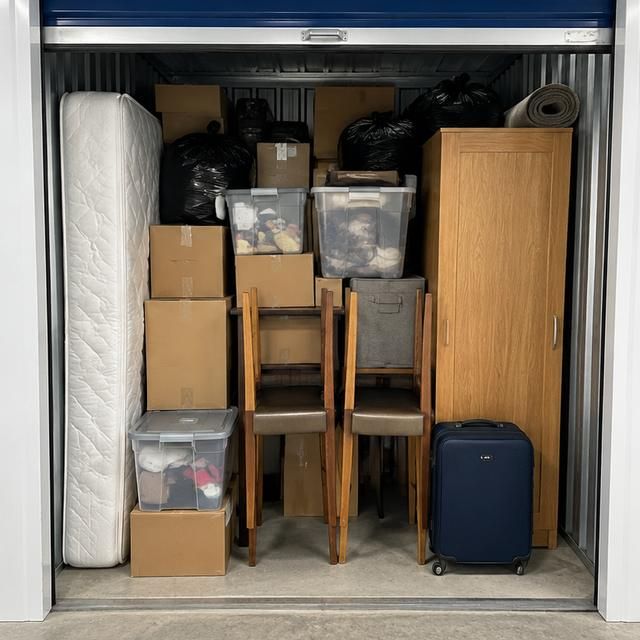 Before: a storage unit packed with furniture and boxes