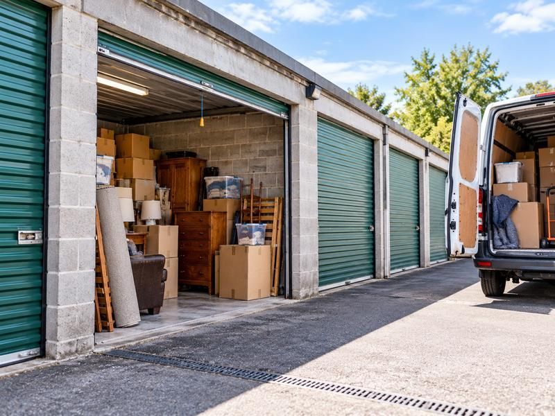 Row of lock-up units with one open and a van parked alongside