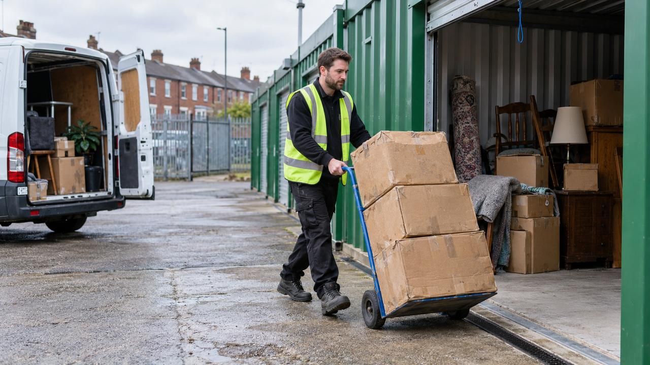Worker wheeling boxes on a trolley from a storage unit to a van