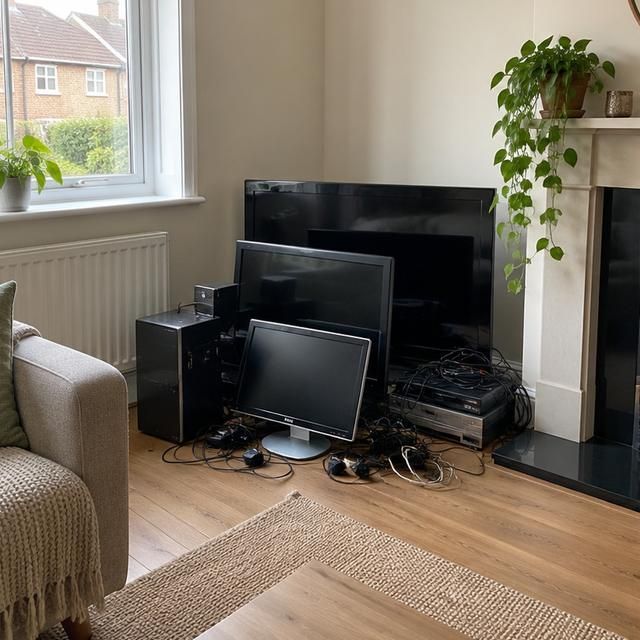 Before: old TVs and electricals stacked in the corner of a living room