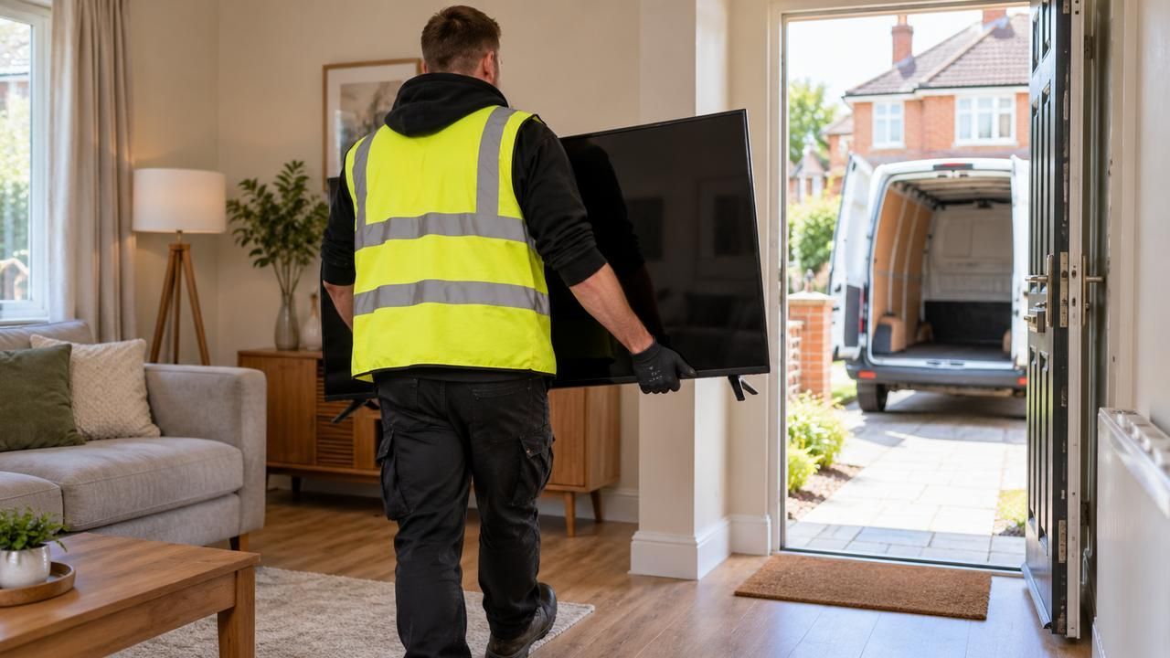 Worker carrying a flat-screen TV out of a living room
