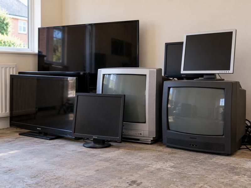 Old televisions and monitors gathered in a living room