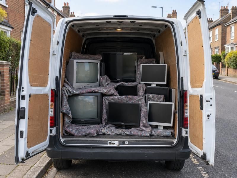 Old televisions wrapped in blankets in the back of a van