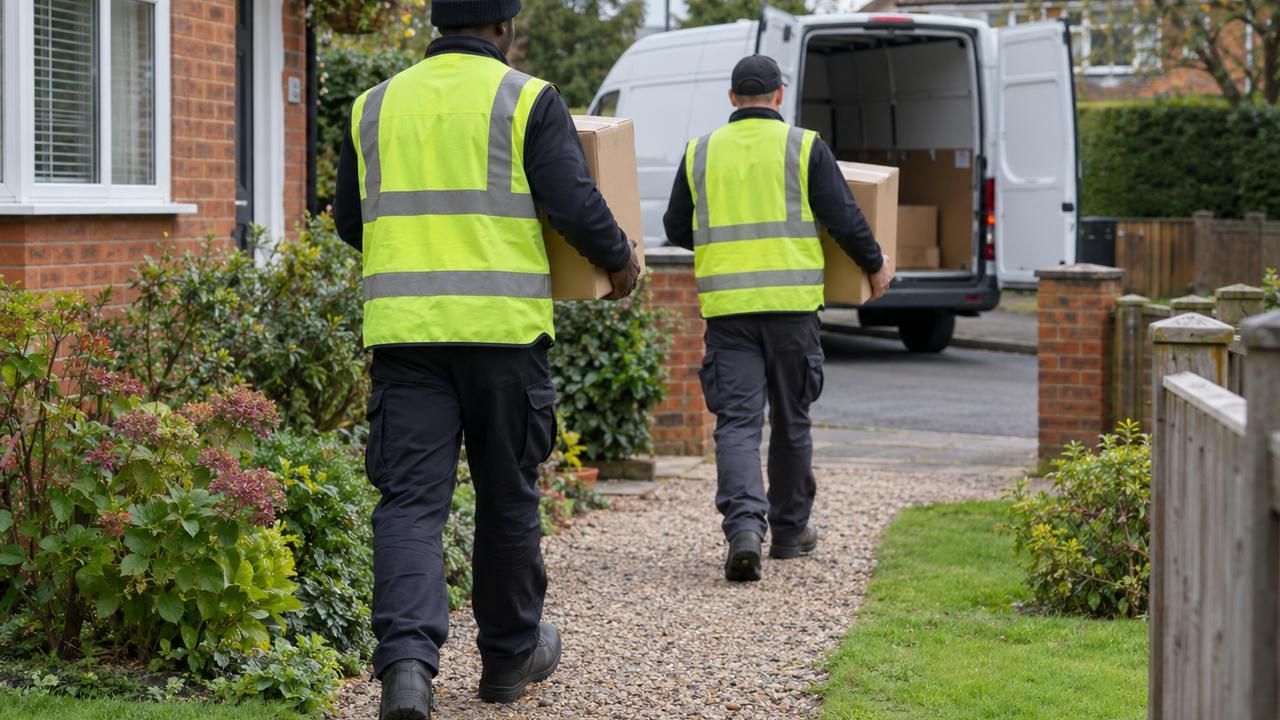 Two workers carrying boxes down a garden path to a waiting van