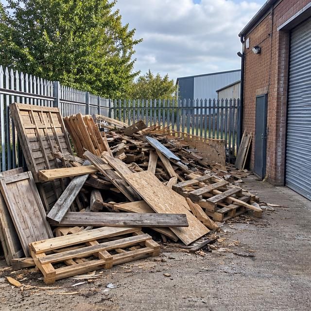 Before: broken pallets and timber piled in a yard