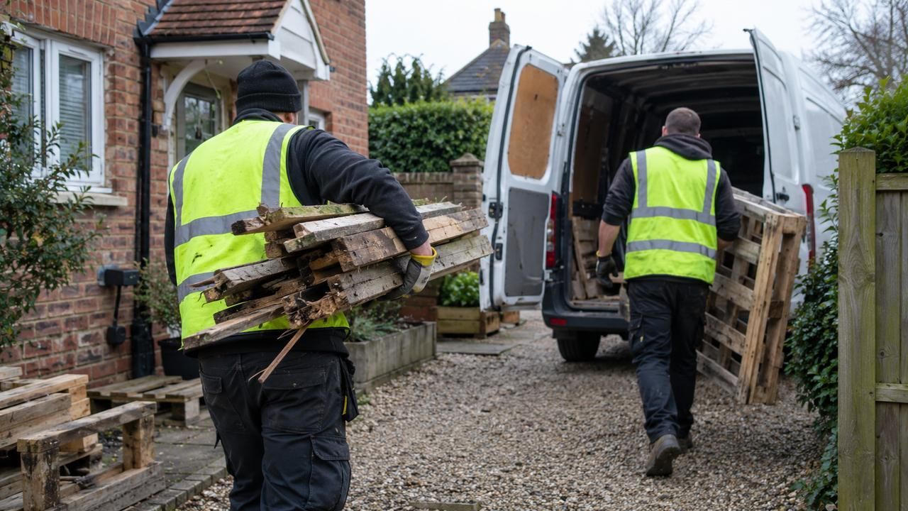 Two workers carrying old timber and pallets to a van