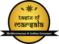 Taste of Marsala logo in yellow circle with black ribbon reading “Mediterranean & Indian Gourmet”