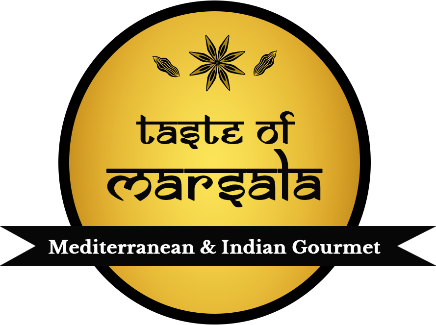 Taste of Marsala logo in yellow circle with black ribbon reading “Mediterranean & Indian Gourmet”