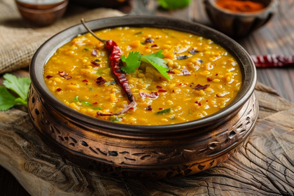 Spicy yellow lentil curry in a brass bowl, garnished with dried chili and cilantro on a rustic table