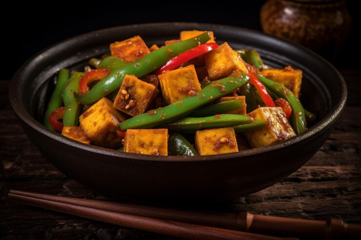 Tofu and green bean stir-fry in a black bowl with chopsticks