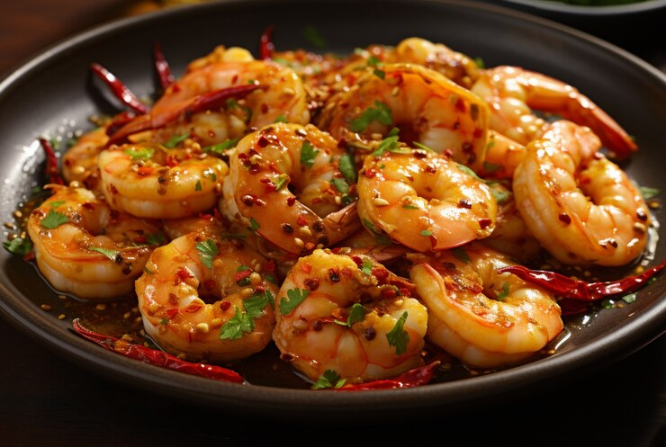 Spicy shrimp stir-fry on a black plate, garnished with herbs and red chili peppers