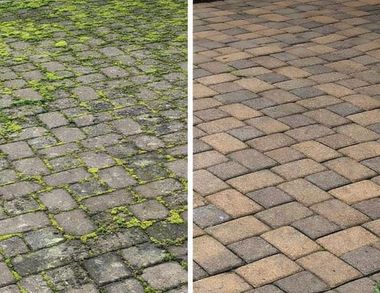 Side-by-side paving stones: mossy gray cobblestones on the left, clean tan pavers on the right.