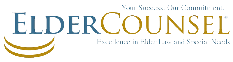 ElderCounsel logo with blue and gold text, a curved line, and tagline 