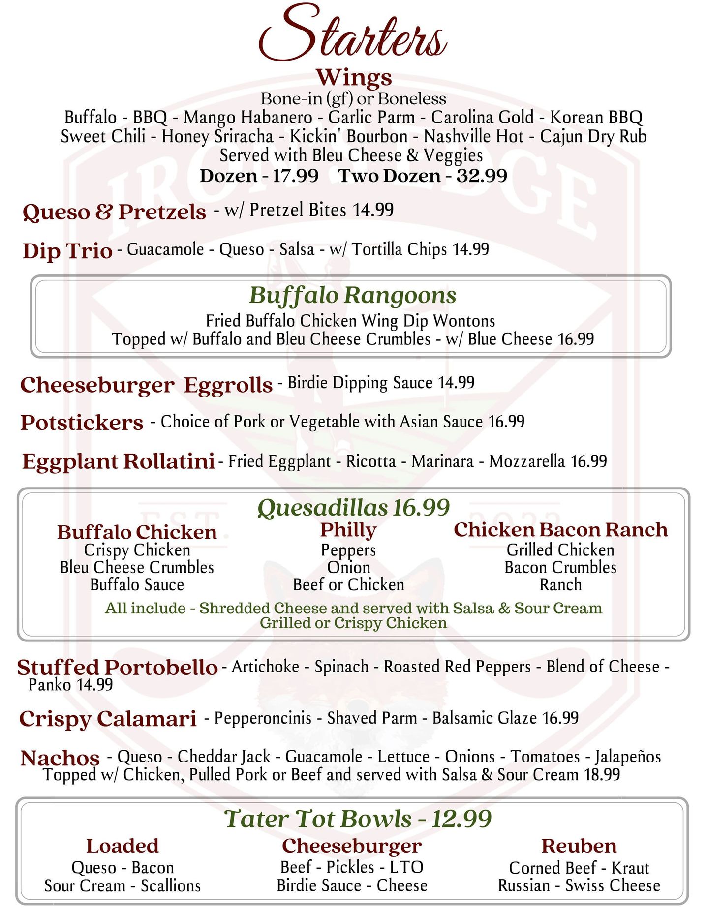 Restaurant menu with starters, wings, dips, quesadillas, and more.