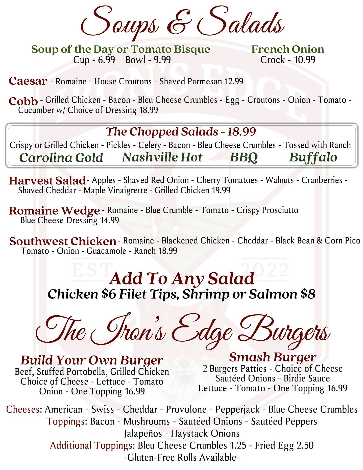 Menu for soups, salads, and burgers at The Iron's Edge, with prices for each item.