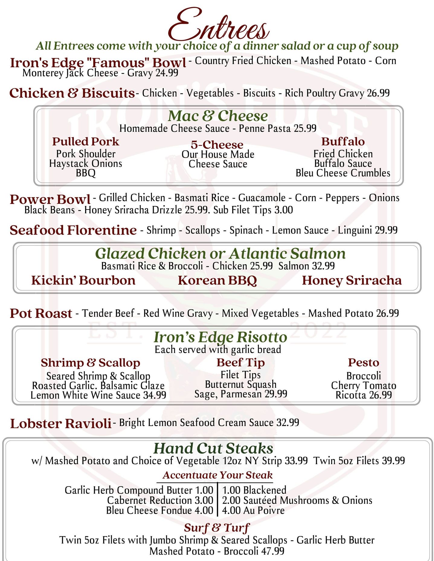 Menu with entrees: Chicken & Biscuits, Mac & Cheese, seafood, plus sides.