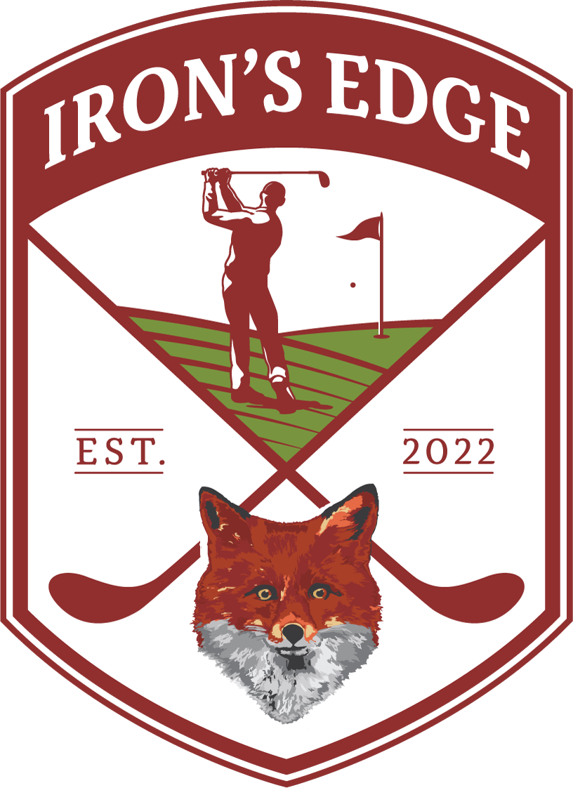 Iron's Edge logo: golfer swinging club, fox face, crossed golf clubs, burgundy, green, and white on a shield.