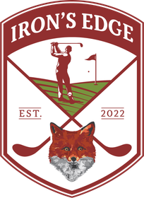 Iron's Edge logo: golfer swinging club, fox face, crossed golf clubs, burgundy, green, and white on a shield.