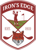 Iron's Edge logo: golfer swinging club, fox face, crossed golf clubs, burgundy, green, and white on a shield.