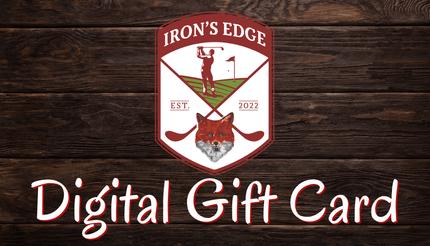 Iron's Edge digital gift card: logo with golfer silhouette, fox, and golf clubs on a wooden background.
