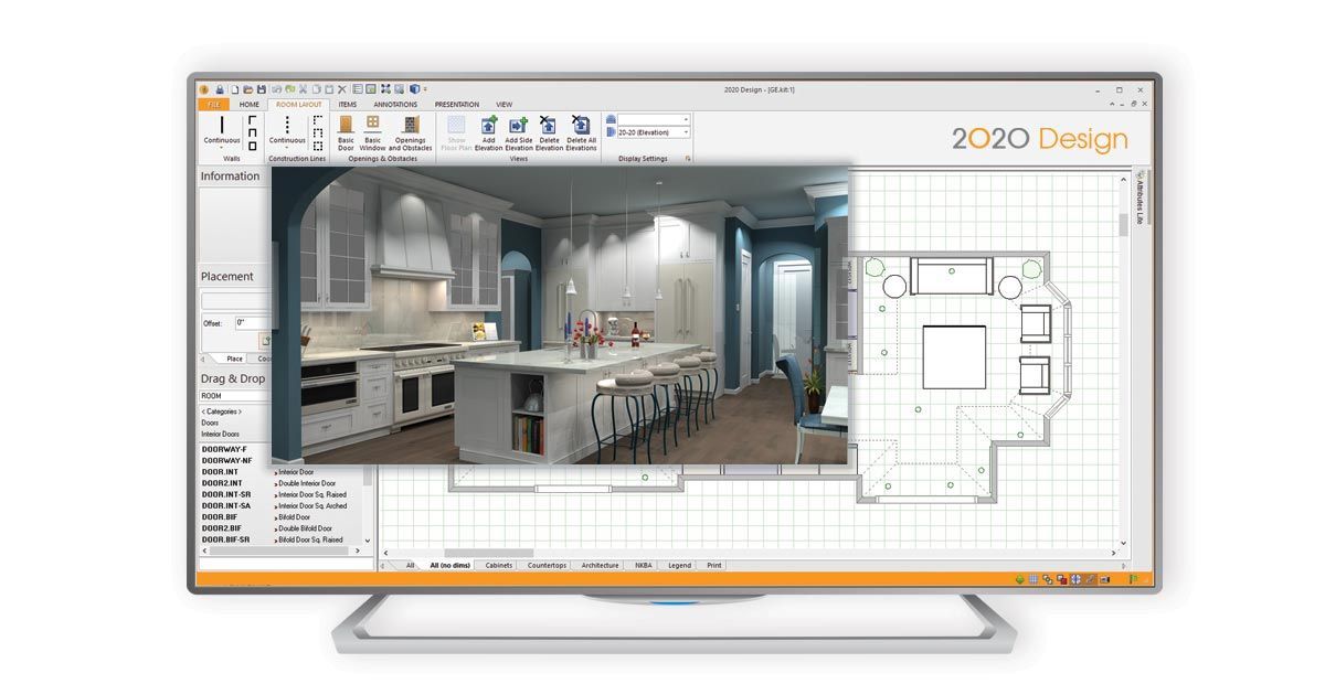 Laptop displaying 3D home design software with a kitchen render and floor plan